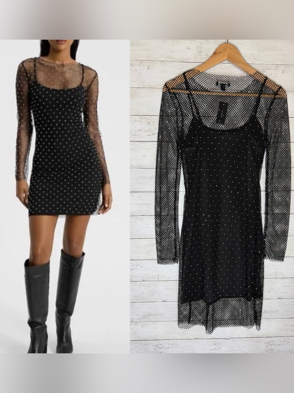 Express Mesh Overly Rhinestone Studded Long Sleeve Mini Dress Medium